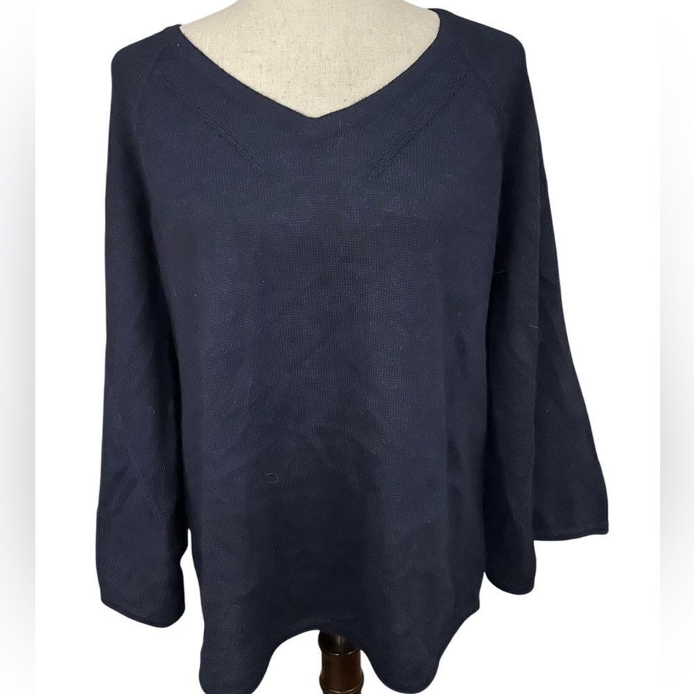 Garnet Hill, navy blue 100 percent baby alpaca V-neck sweater with bell sleeves